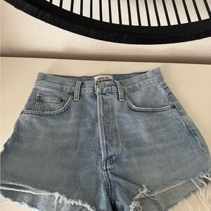 Agolde Light Blue Frayed Hem Jean Shorts